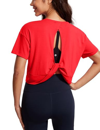 CRZ YOGA Open Back Short Sleeve Crop Top for Women Loose Athletic Yoga Workout Tops Casual Cropped Tee Shirts Deep Red X-Large | Amazon (US)