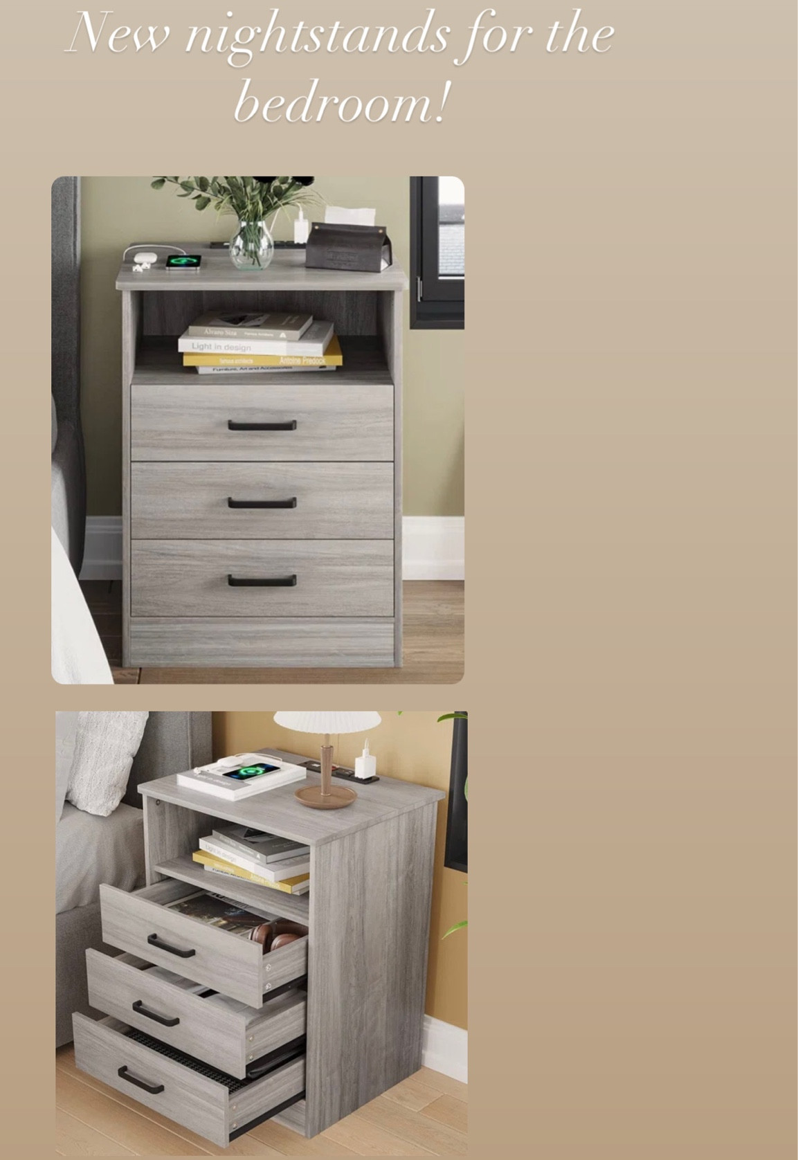 Finally starting to buy furniture for the home! Bought these cute nightstands for the master bedroom! USB ports and AC outlets attachedd

#LTKhome #LTKstyletip #LTKfindsunder100