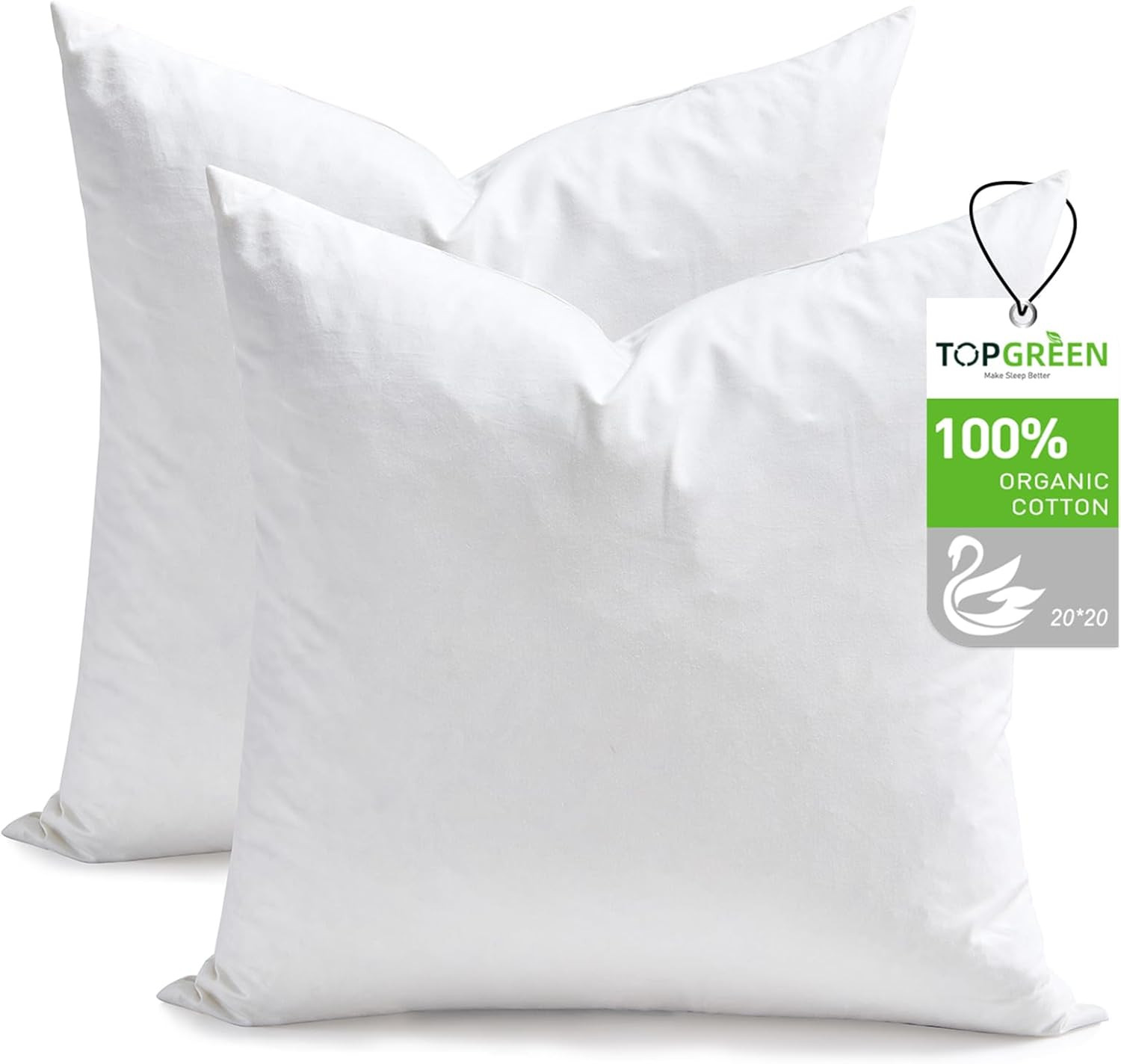 Feather Down Throw Pillow Inserts 20 x 20, Set of 2, 100% Organic Cotton Shell, Soft Decorative Square Pillows Insert for Living Room Sofa, Couch, or Bed (White) | Amazon (US)