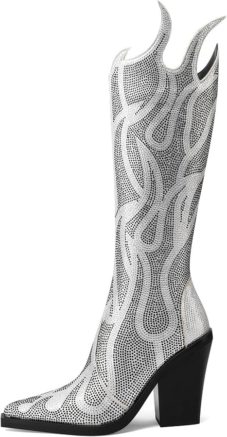 YIYA Women's Rhinestone Flame Pattern Knee High Boots Pointed Toe Chunky High Heel Fashion Side Z... | Amazon (US)