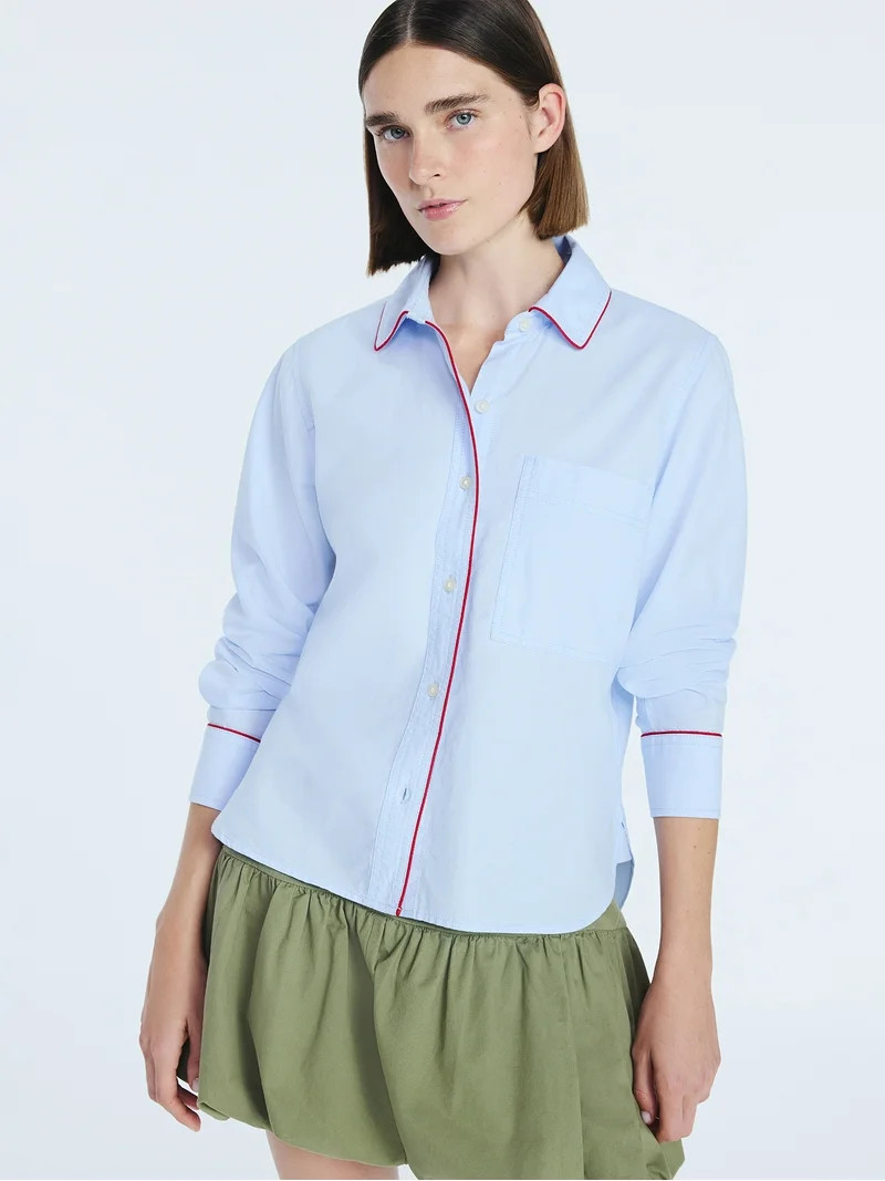 Free Assembly Women's Contrast Piped Cotton Shirt with Long Sleeves, Sizes XS-XXL | Walmart (US)