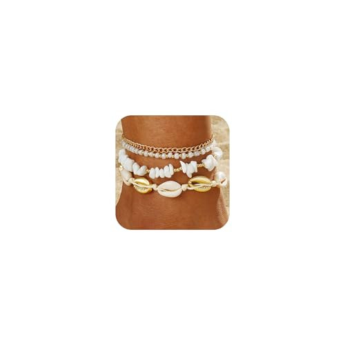 Qceasiy Shell Ankle Bracelet Set for Women, Gold Plated Boho Bead Adjustable Anklet, Hawaiian Bea... | Amazon (US)