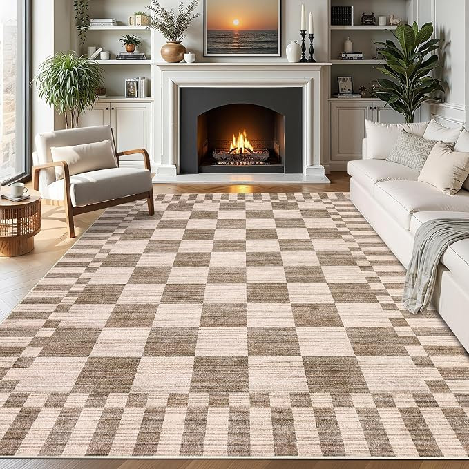 GarveeHome Brown Checkered Rug 5x7 Area Rugs Washable Living Room 5x7 Rug | Geometric Tan Print N... | Amazon (US)