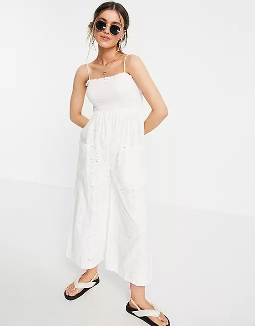 ASOS DESIGN shirred cami broderie culotte jumpsuit in white | ASOS | ASOS (Global)