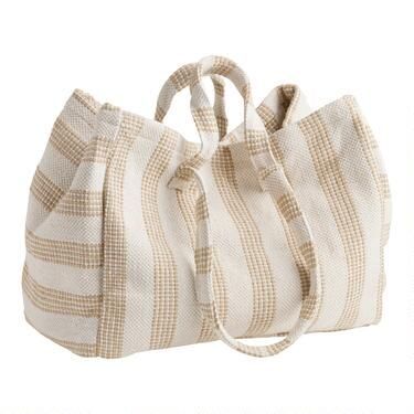 Large Ivory And Tan Stripe Upcycled Jacquard Tote Bag | World Market