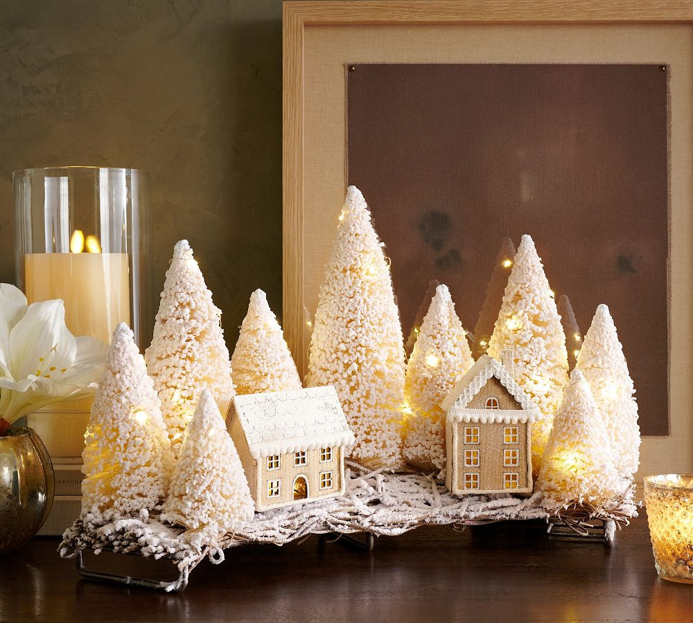 Lit Bottlebrush Winter Town Centerpiece | Pottery Barn (US)