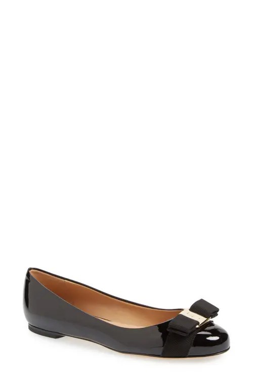 Salvatore Ferragamo Varina Leather Flat in Nero Patent/Gold at Nordstrom, Size 11 | Nordstrom