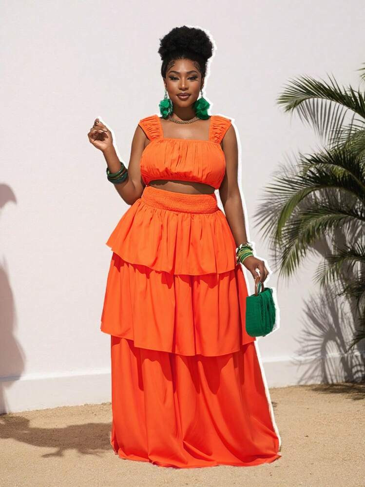 Slaydiva New 2025 Curve 2pcs Plus Size Women Set: Solid Color Orange Ruffle Hem Skirt & Pleated Vest Top Maxi Dress Spring/Summer | SHEIN