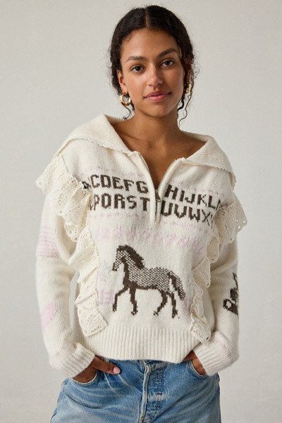 Kimchi Blue Paloma Lace Trim 1/4 Zip Pullover Sweater | Urban Outfitters (US and RoW)