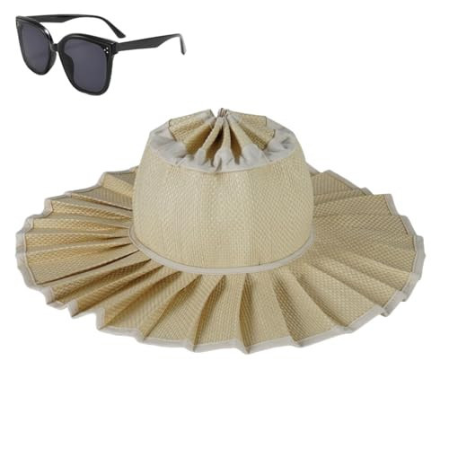 Women's Straw Reversible Pleated Sun Hat,Foldable Wide Brim Beach Hat,Summer Outdoor Travel UV Protection Beach Hats (US, Alpha, One Size, Color L) | Amazon (US)