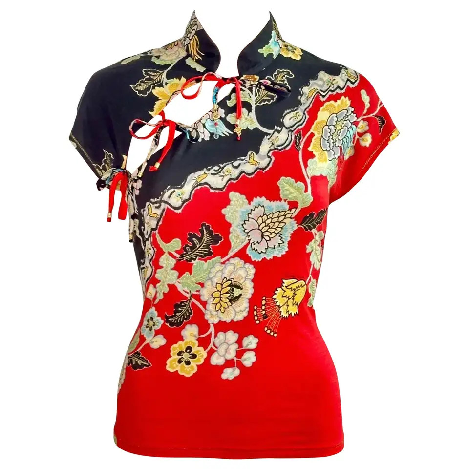 Roberto Cavalli S/S 2003 Chinoiserie Cheongsam Collar Tie Cap Sleeve Blouse Top | 1stDibs