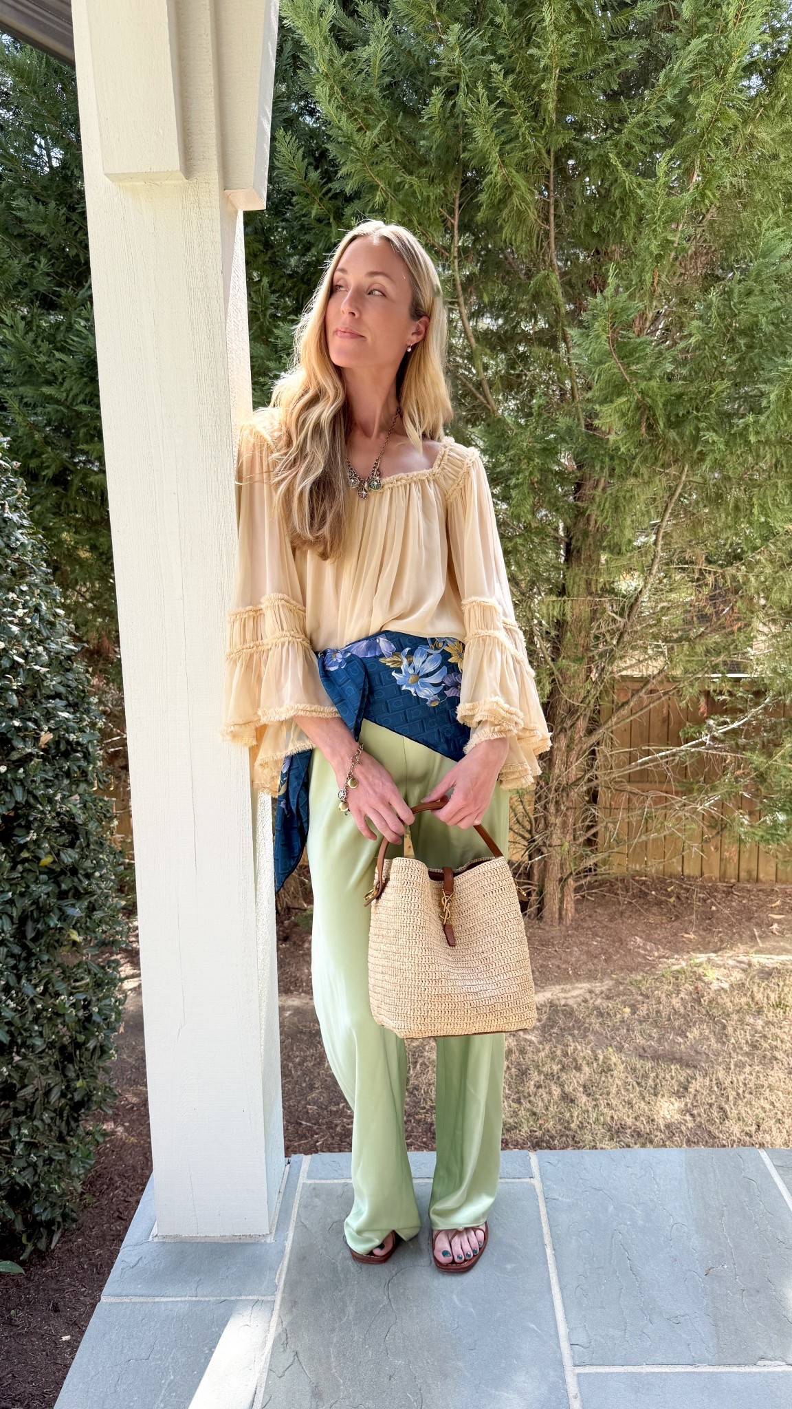 Elevated spring ootd! 🌱✨ Zimmermann blouse (similar linked), @lalignenyc Colby Pants (XS), Loeffler Randall sandals (TTS), YSL bag via @Vivrelle and a Ferragamo scarf (similar linked). Charms are Patricia Nash.

#LTKgrwm #LTKSeasonal #LTKootd
