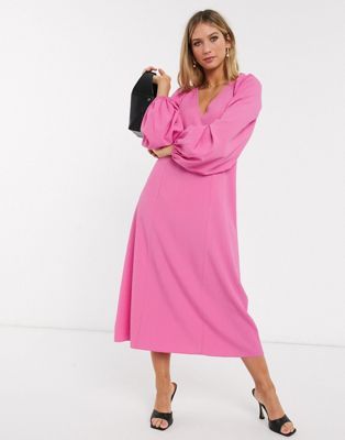 ASOS DESIGN trapeze midi dress with lace up back in pink | ASOS (Global)