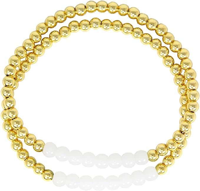 Women Teen Fashion Silver Gold Stainless Steel 2pcs Set Natural Bead (Gemstone) & Crystal Glass B... | Amazon (US)