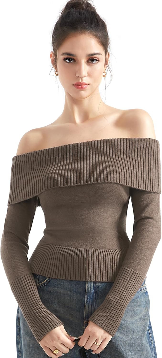 SUUKSESS Women Off Shoulder Sweaters Long Sleeve Ribbed Knit Going Out Fall Tops Blouse | Amazon (US)