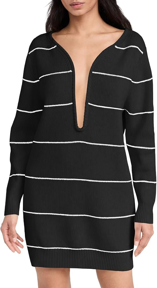 Saodimallsu Womens Deep V Neck Striped Sweater Dress Long Sleeve Ribbed Knit Sexy Mini Dresses | Amazon (US)
