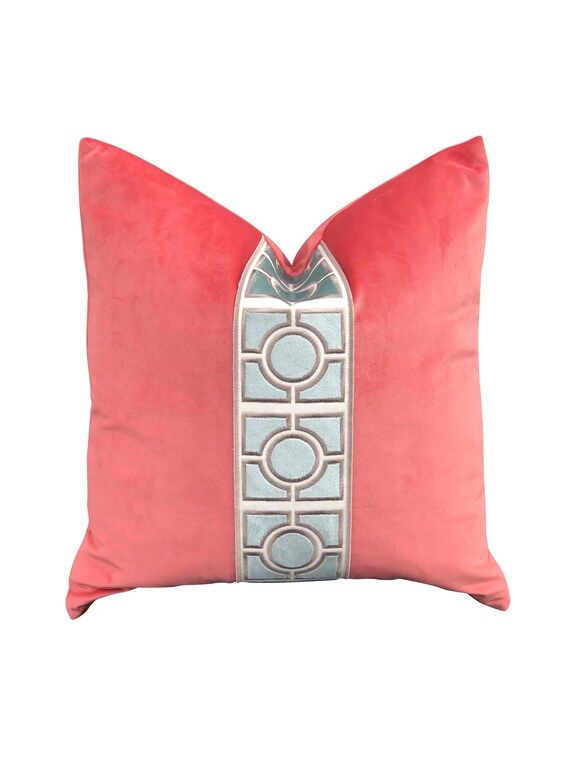 Spicy Coral Designer linen Pillow Cover aqua tape fretwork fret ribbon trim All Size Avail geomet... | Etsy (US)