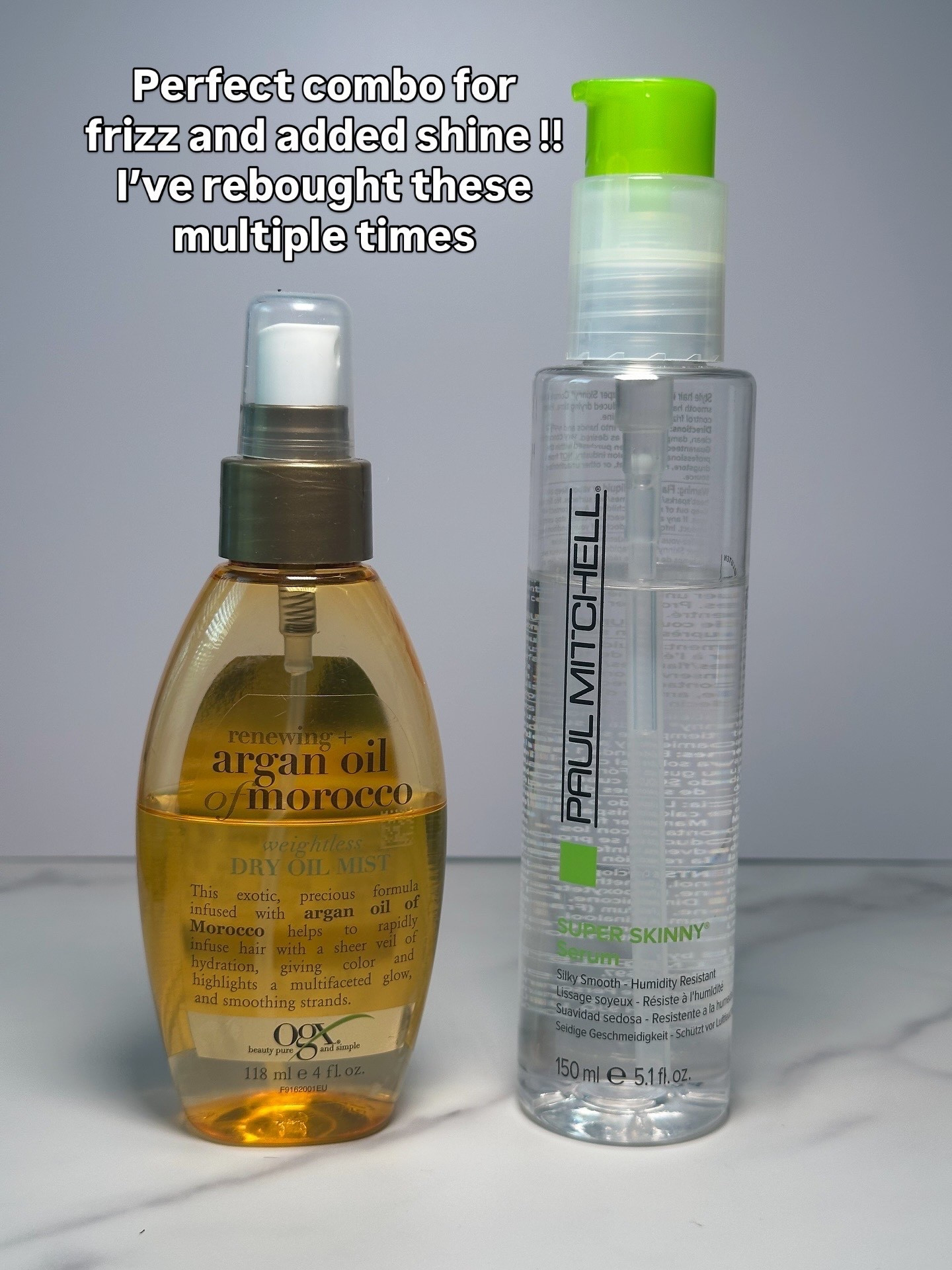 Seriously the best combo for frizzy hair ! After I shower I use the Paul Mitchell super skinny serum - usually just 1 pump because it’s thicker .. concentrating on the ends but also using my fingertips to add a tiny bit on the top of my head. For added shine & protection, I use the Ogx Argan oil spray , also towards the ends of the hair ! 

#LTKBeauty #LTKActive #LTKFindsUnder50