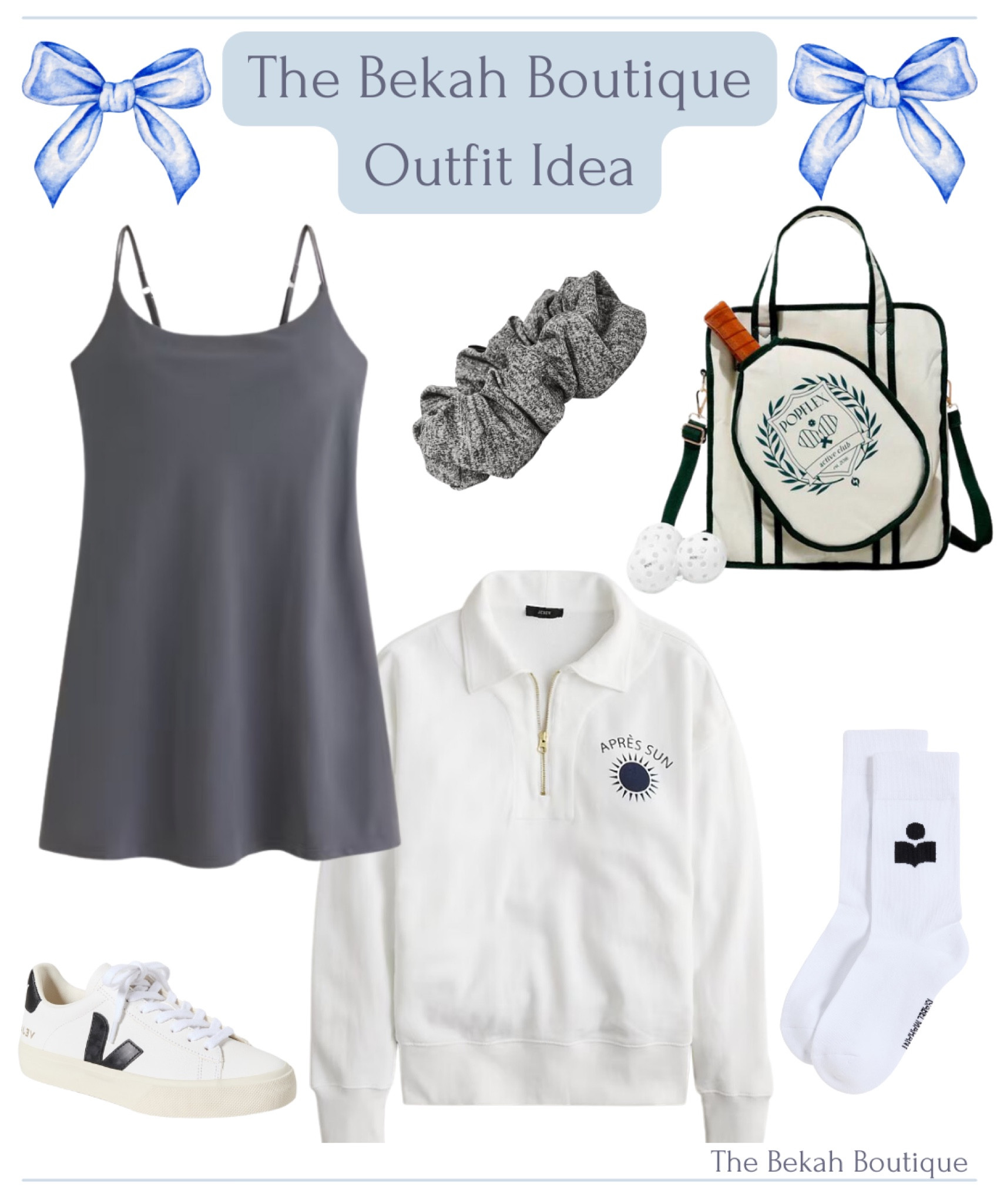 Summer outfit, athleisure outfit, tennis outfit, pickleball outfit, exercise outfit, exercise, athleisure, athleisure dress, exercise dress, gray athleisure dress, gray scrunchie, hair scrunchie, white tennis shoes, athletic socks, white zip up sweatshirt, Abercrombie & Fitch, j. Crew, Veja, Veja sneakers, white sneakers, Lululemon 

#LTKSeasonal #LTKunder100 #LTKFind