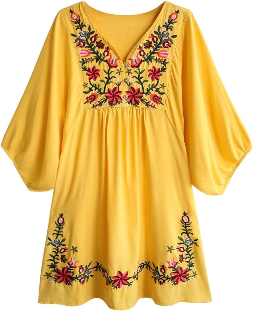 futurino Women's Bohemian Embroidered Crew Neck Dress Fashionable Classic Button Down Top | Amazon (US)