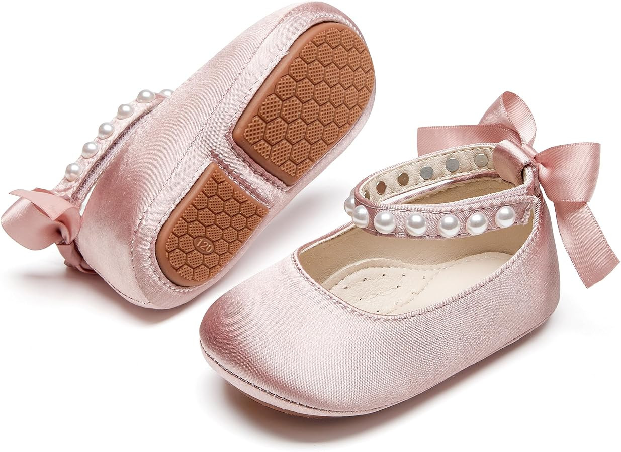 Baby Girls Mary Jane Flats - Infant Newborn Walking Shoes Soft Rubber Sole Princess Wedding | Amazon (US)