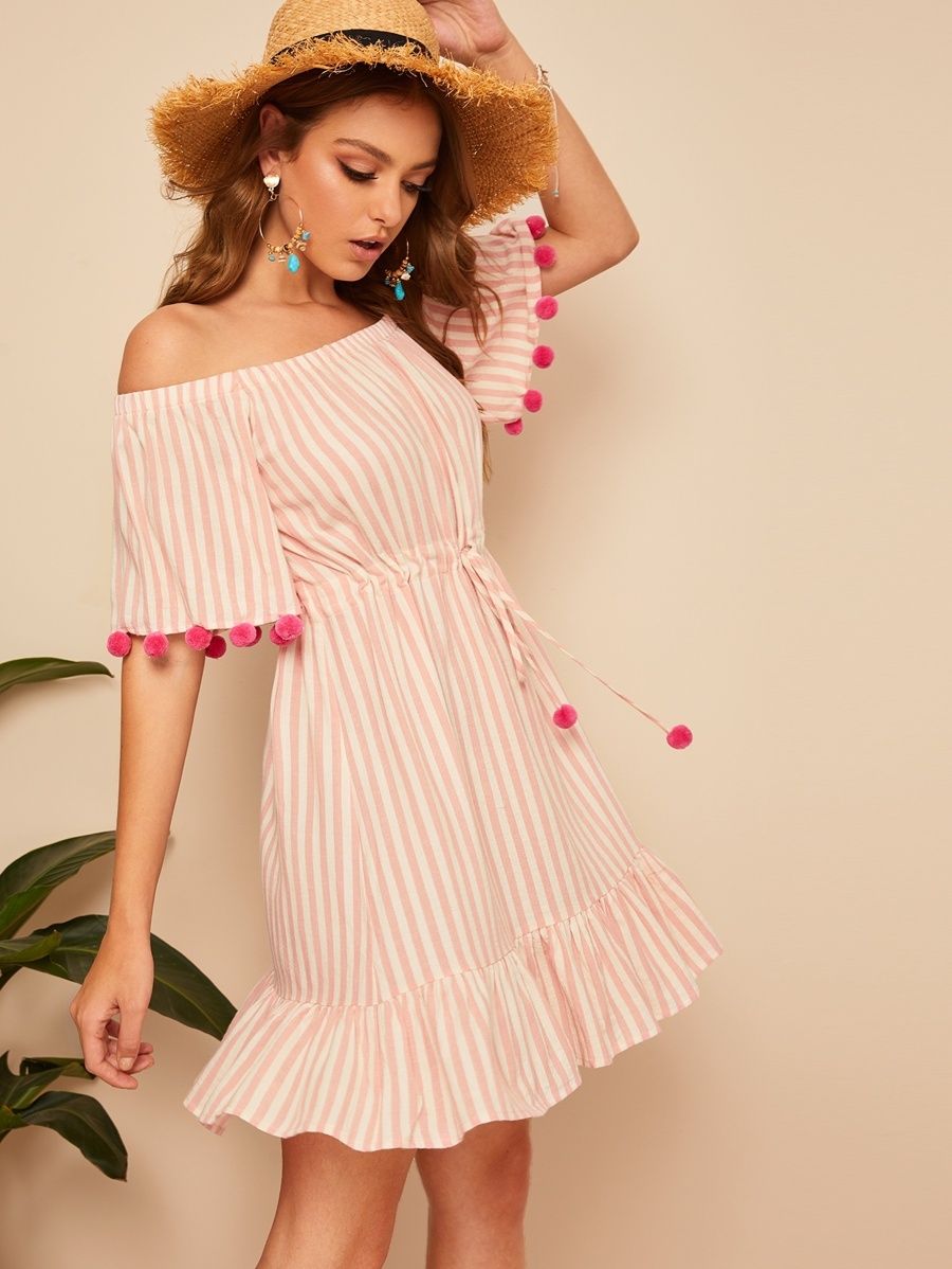 SHEIN Drawstring Waist Pom Pom Detail Stripe Bardot Dress | SHEIN