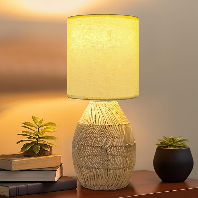 Nightstand Boho Rattan Table Lamp - 3 Color Temperature Handmade Bamboo Woven Lamp for Bedside Li... | Amazon (US)