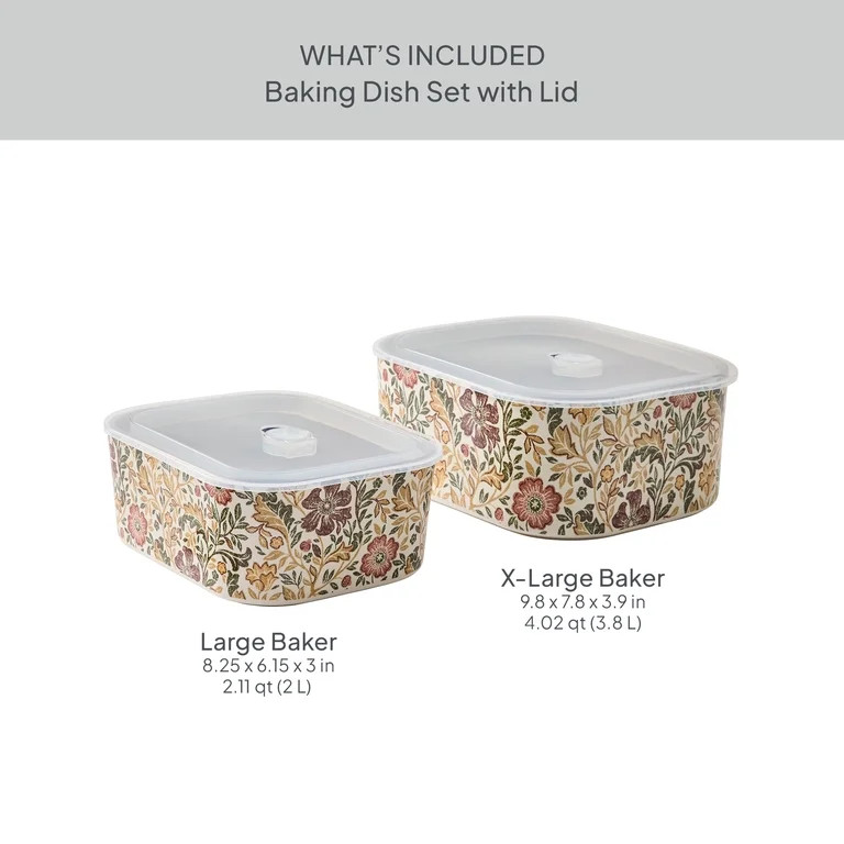 Better Homes & Gardens Edith Vine Floral 4-Piece Stoneware Baking Dish Set with Lids | Walmart (US)