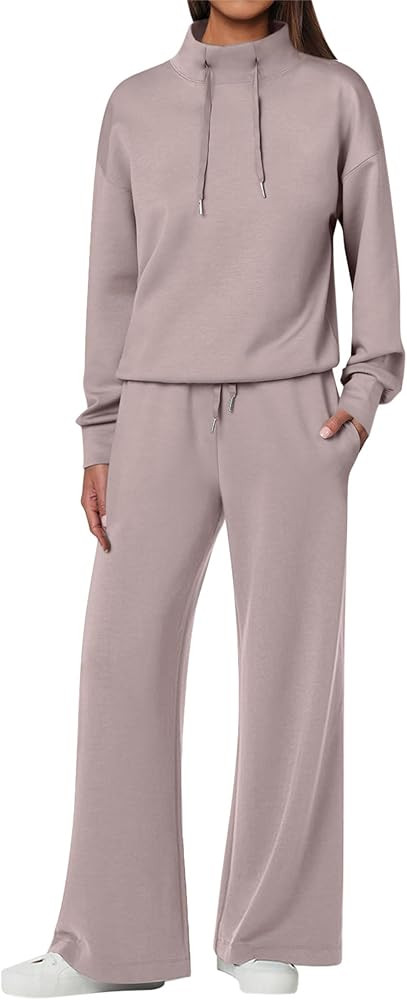 ANRABESS Womens 2 Piece Outfits Sweatsuit Set 2024 Fall Drawstring Sweatshirt Wide Leg Sweatpant ... | Amazon (US)