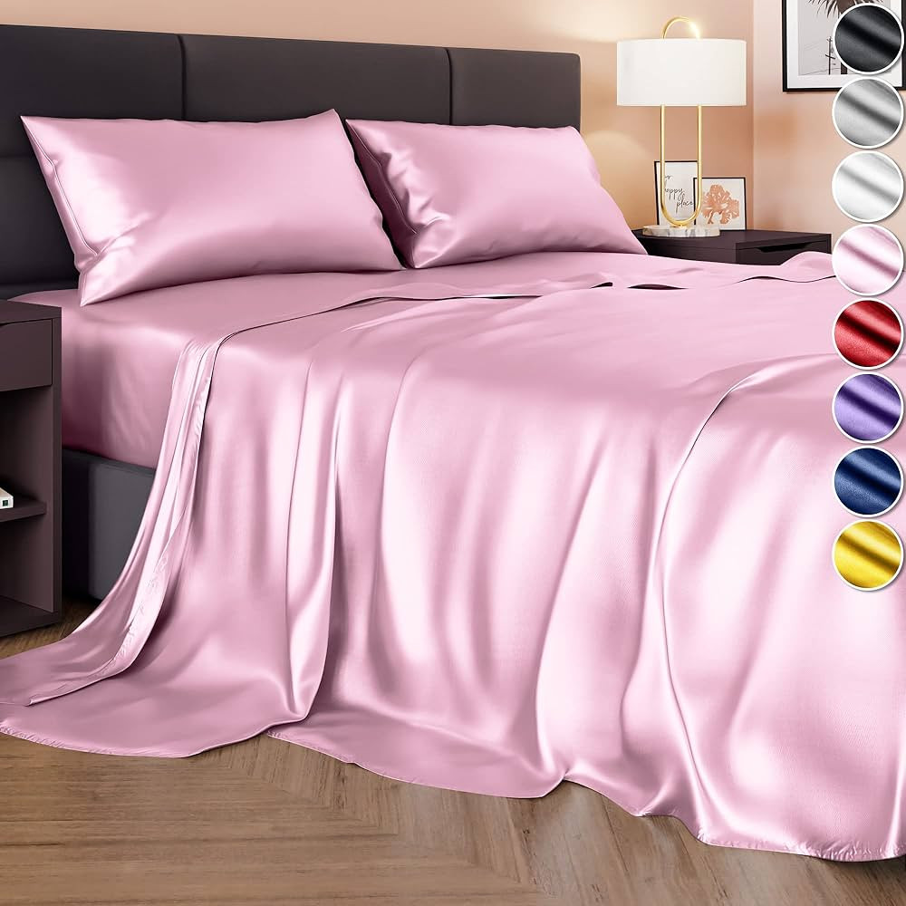 Satin Sheets Queen Size (4 Pieces, 8 Colors), Silky Satin Sheet Set -Satin Bed Set with 2 Pillowc... | Amazon (US)