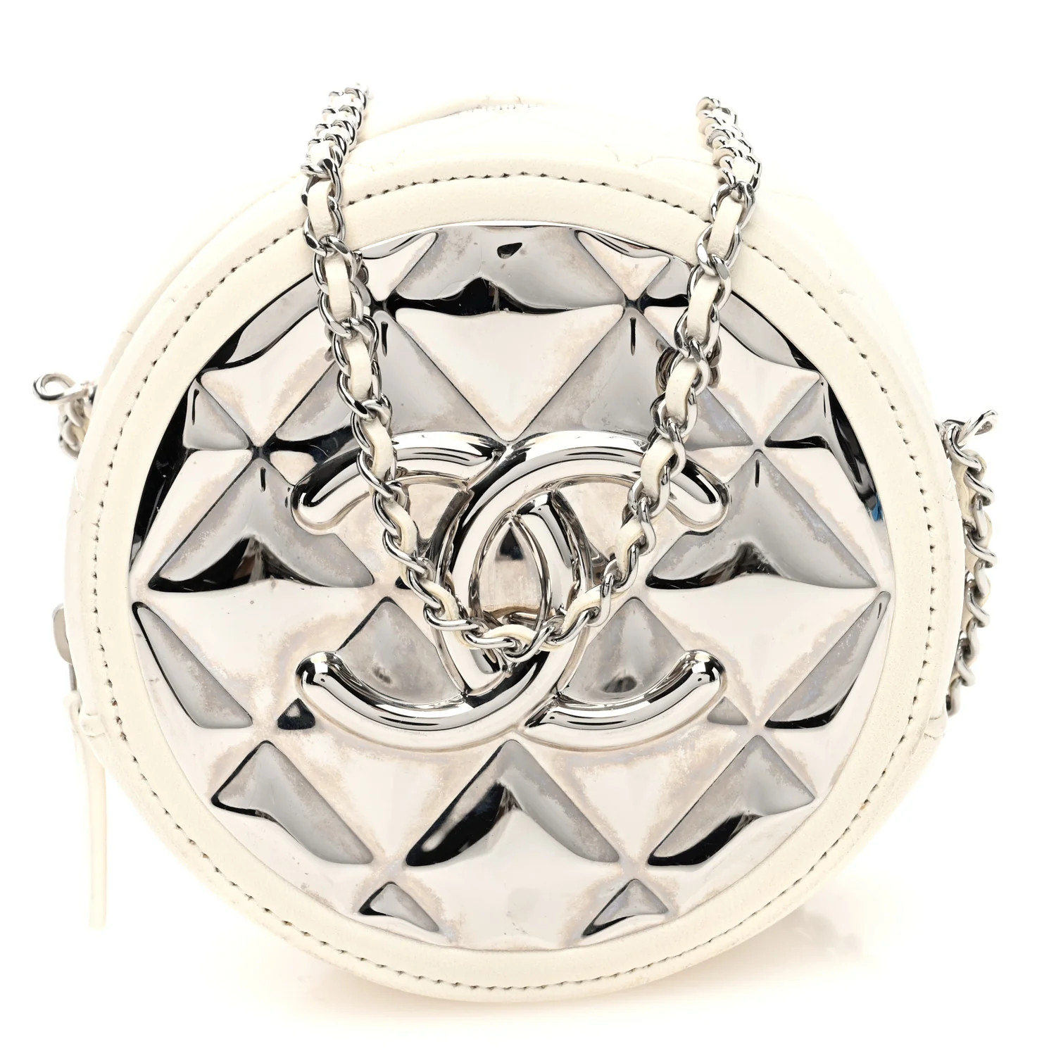 Lambskin Metal Quilted Round Clutch With Chain White Silver | FASHIONPHILE (US)