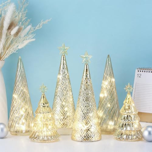 Set of 6 Illuminated Mercury Glass Christmas Tree Tabletop Tree Figurines with LED Lights Battery... | Amazon (US)