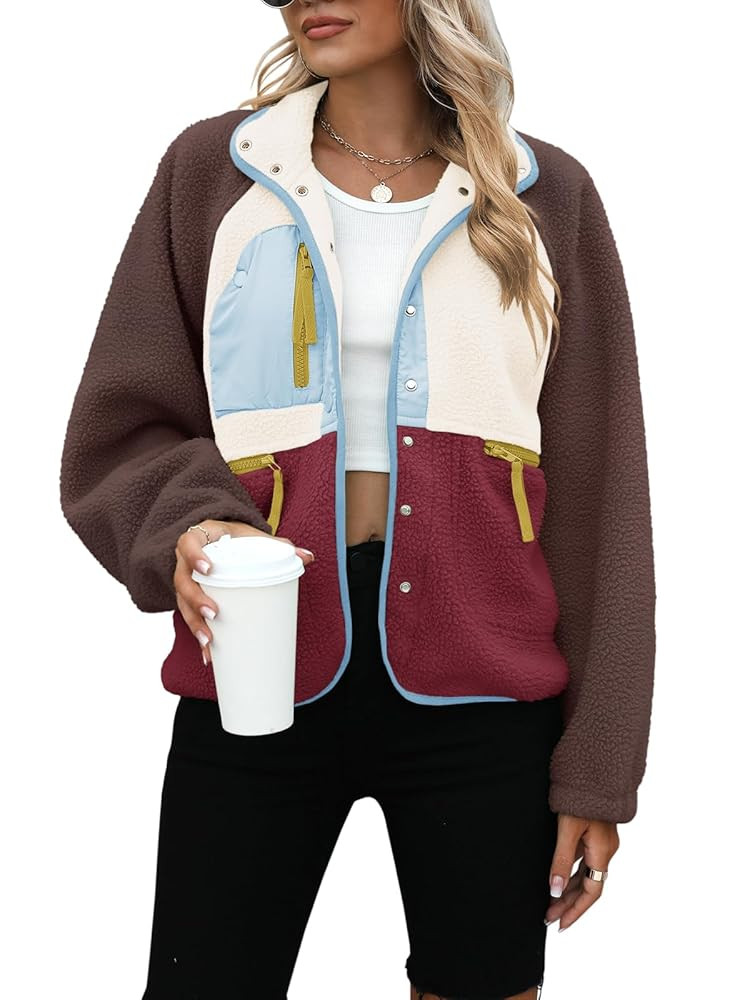 Yanekop Womens Fleece Jacket Fuzzy Long Sleeve Short Winter Coats Button Down Sherpa Jacket Outer... | Amazon (US)