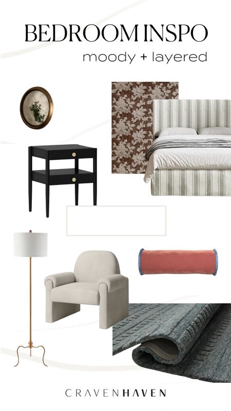 Moody and layered bedroom inspo! Keep the furniture lines modern and the patterns and accessories a touch traditional for a funky and collected aesthetic. This upholstered bed is under $400 and the nightstand is under $200! The only splurge is the wallpaper. 

#LTKStyleTip #LTKFindsUnder100 #LTKHome