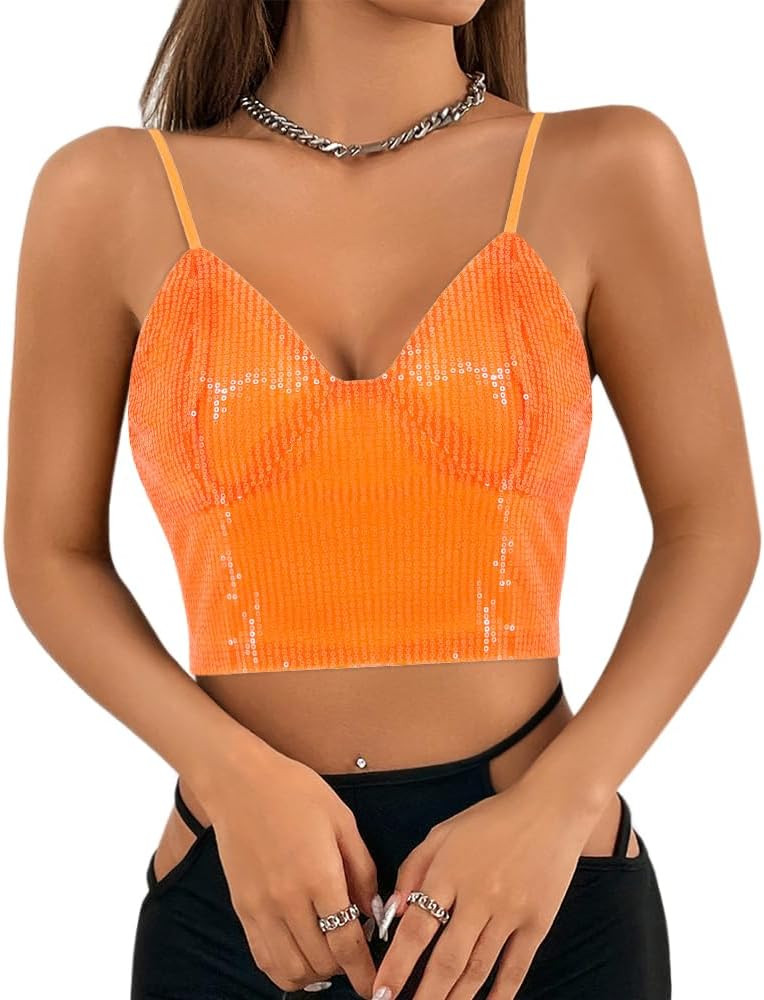 Giovacker Women's Sexy V-Neck Spaghetti Strap Sparkle Sequined Crop Tops Tube Top Bustier Vest Ta... | Amazon (US)