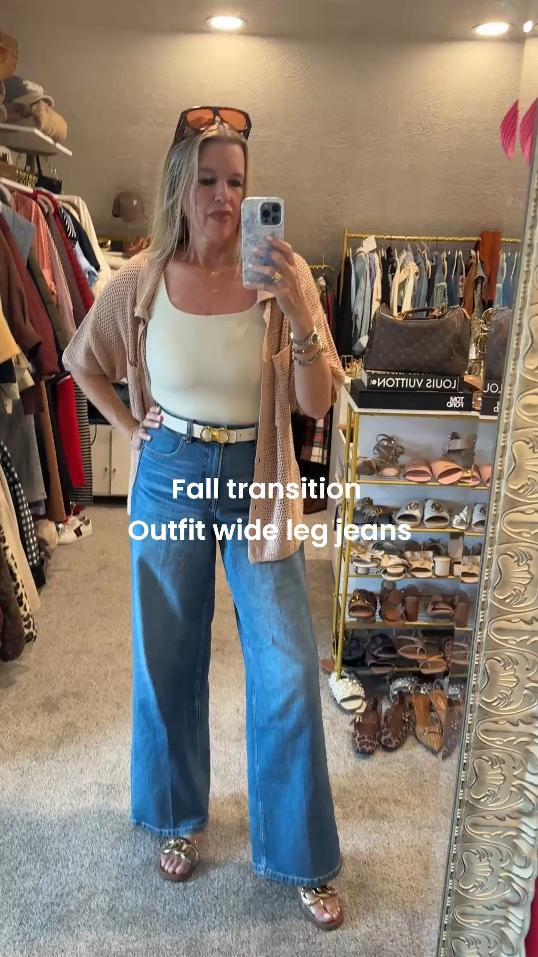Fall transition outfit
Styling wide leg jeans 

Spanx 360 wide leg jeans , high waisted and fit tts wearing a med 

🚨Save 15% with code Deardarcyxspanx 

Pumiey butter soft tank top tts in med 

Amazon thin belt  in two pack 

Amazon find sunglasses 

Amazon find crochet sweater cardigan with collar, fits tts wearing a med, comes in several colors 

Bp clear slide sandal with gold chain link detail  tts (old) linked similar 

Buddha girl bracket bangles gold 

Amazon gold hoops sold in a set 

Two gold necklace 
A paperclip chain 

And a custom name 
Coco 14 cart gold

#LTKgrwm #LTKootd #LTKOver40
