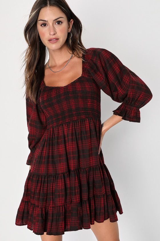 No One Cuter Red and Black Plaid Puff Sleeve Tiered Mini Dress | Lulus (US)