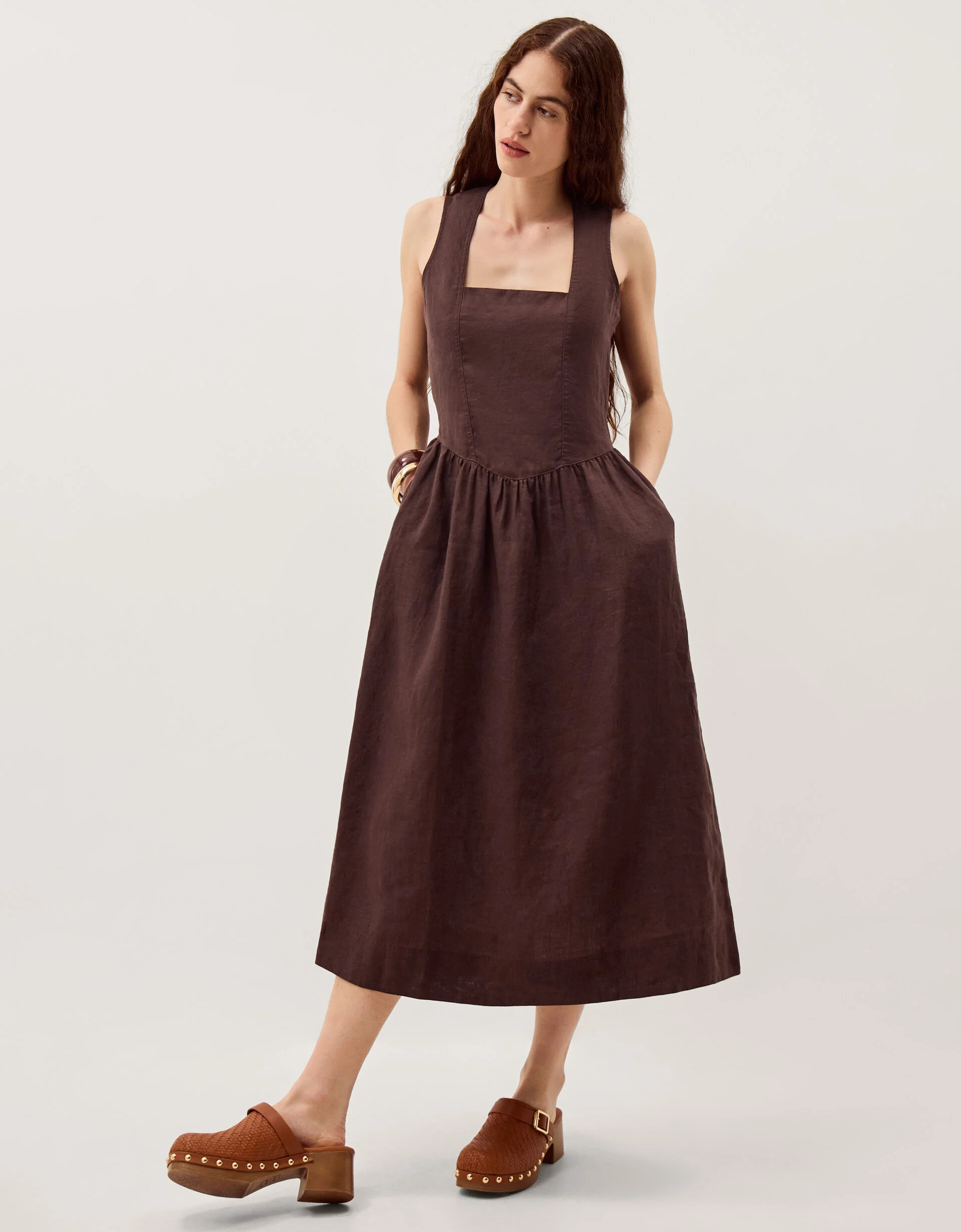 Lily Square Neck Linen Midi Dress Brown | Monsoon (UK)