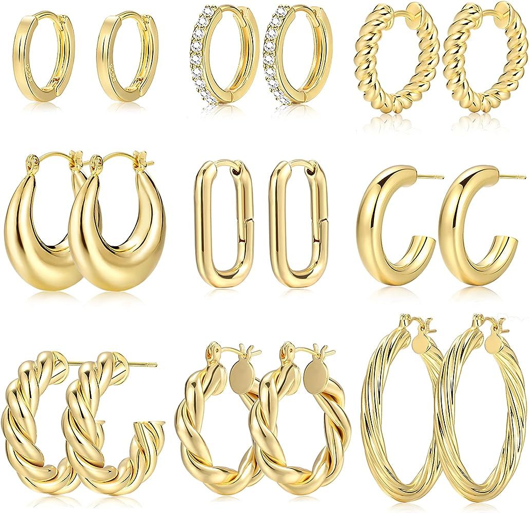 9 Pairs Gold Hoop Earrings for Women, 14K Gold Plated Lightweight Chunky Twisted Hoop Earrings Se... | Amazon (US)