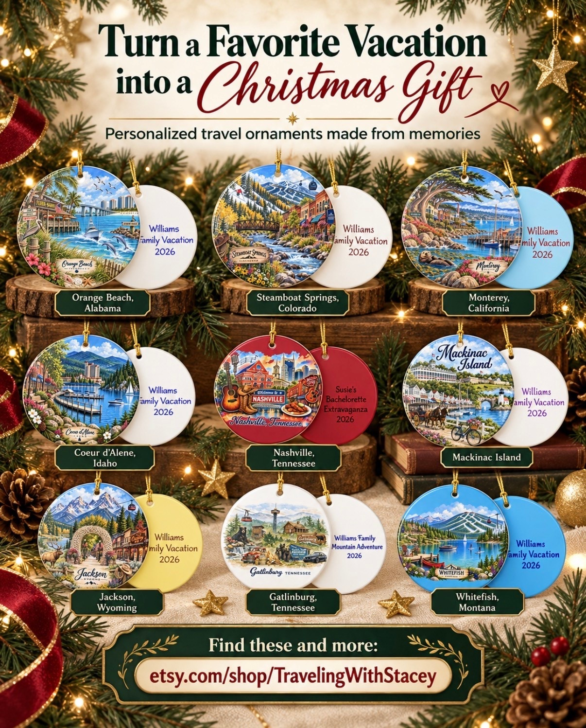 Turn a favorite vacation into a Christmas gift! 🎄✨

These personalized travel ornaments are a beautiful way to remember the places, adventures and special trips your family never wants to forget. Add your family name, trip title and year to create a keepsake you’ll love hanging on the tree every Christmas.

Shop these destinations and more:
https://www.etsy.com/shop/TravelingWithStacey

#PersonalizedOrnament #TravelOrnament #VacationMemories #ChristmasGiftIdeas #TravelingWithStacey

#LTKTravel #LTKstorytime #LTKmomlife