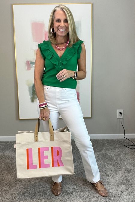 I’m loving green for summer 
Use LISA10 on top (XS) 
Spanx kick flare jeans  (small) 
Use code LISAXSPANX 
Use LISA10 on tote. (Think Mother’s Da) 
Use COAST20 on Allie + Bess 

#LTKfindsunder100 #LTKGiftGuide #LTKover40