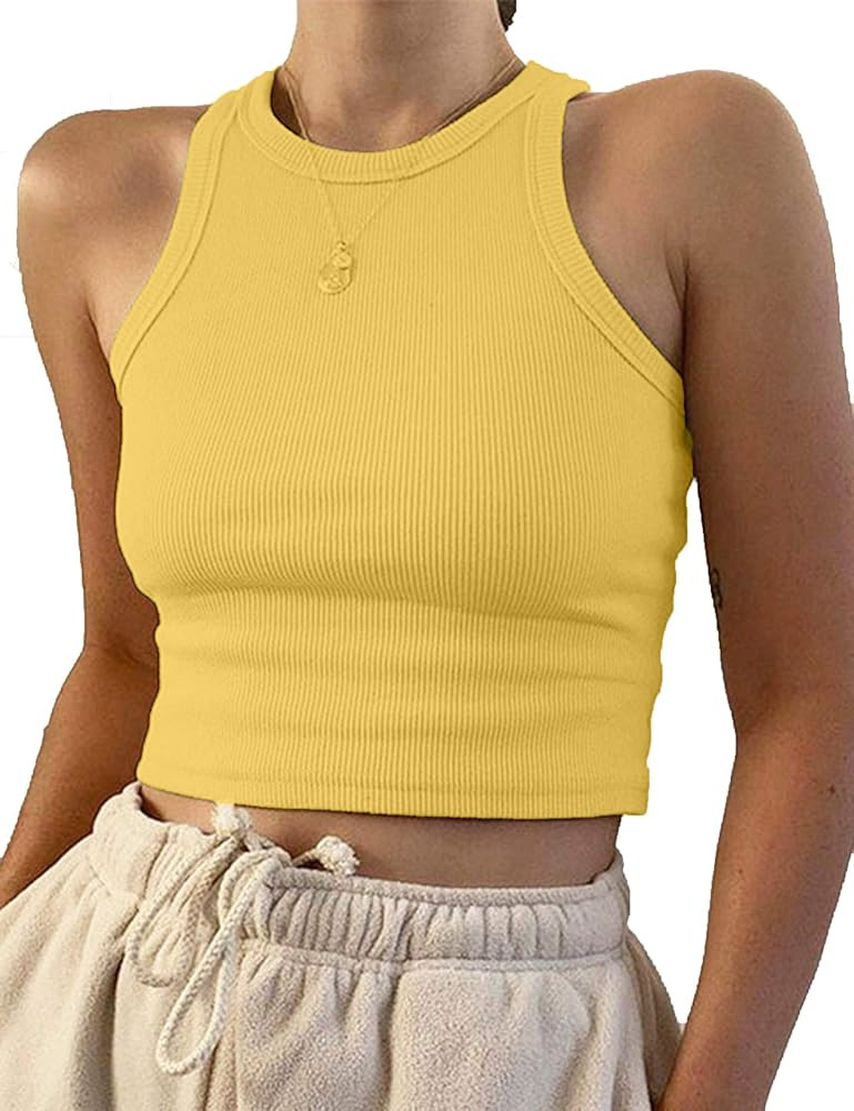 KAMISSY Women Basic Crew Neck Crop Tank Top Solid Rib-Knit Binding Crop Top | Amazon (US)
