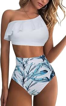 Mulisky Women’s One Shoulder Crop Bikini Sets Flounce High Waist Ruffle Two Piece Swimsuit | Amazon (US)
