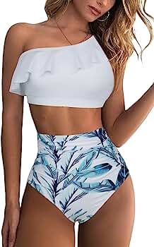 Mulisky Women’s One Shoulder Crop Bikini Sets Flounce High Waist Ruffle Two Piece Swimsuit | Amazon (US)