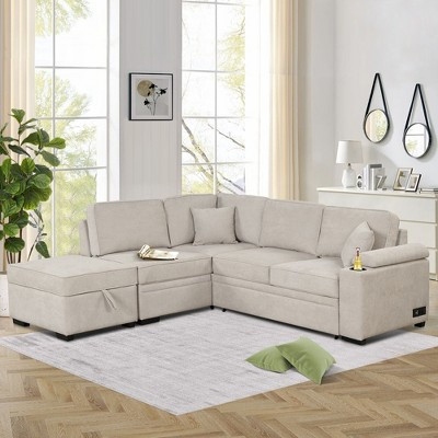 87.4" L Shape Sectional Sleeper Sofa Bed, 2 in 1 Pull Out Sofa Couch with Storage Ottoman, Cup Holder and USB Port, Beige-ModernLuxe | Target
