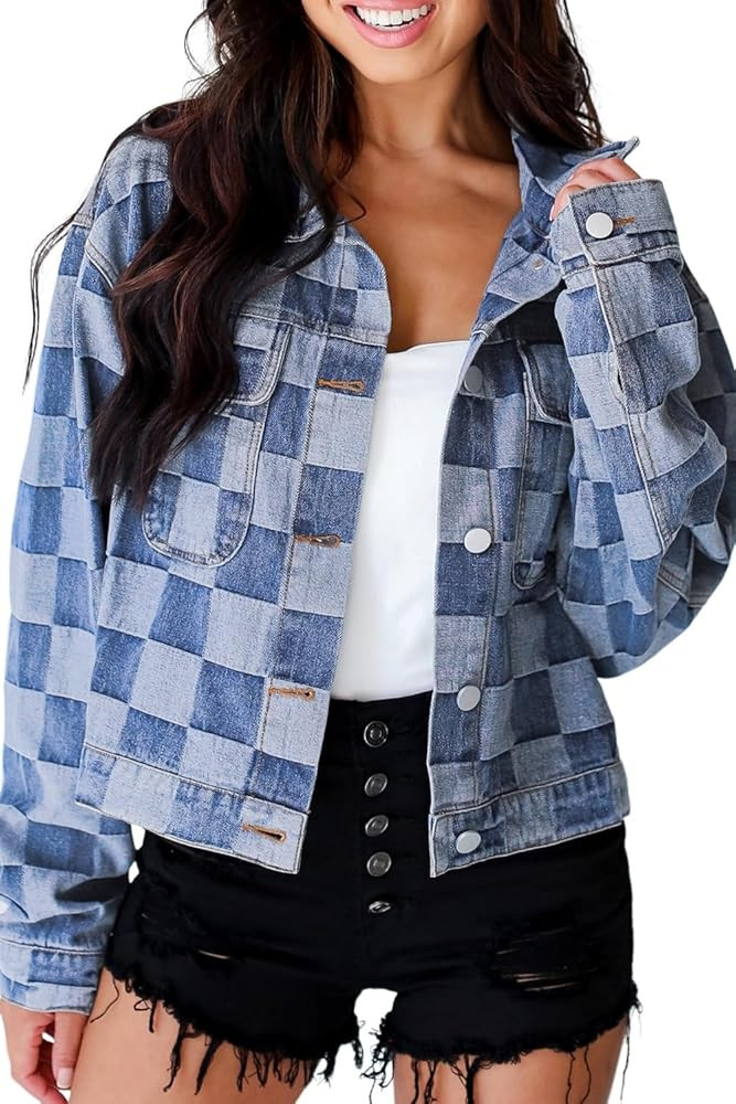 Ecosunny Womens Casual Long Sleeve Button Down Shirt Jacket Checkered Patchwork Denim Jacket Ligh... | Amazon (US)