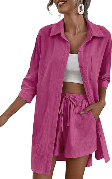 MakeMeChic Women's Casual 2 Piece Outfits Long Sleeve Button Down Shirt and Shorts Set | Amazon (US)