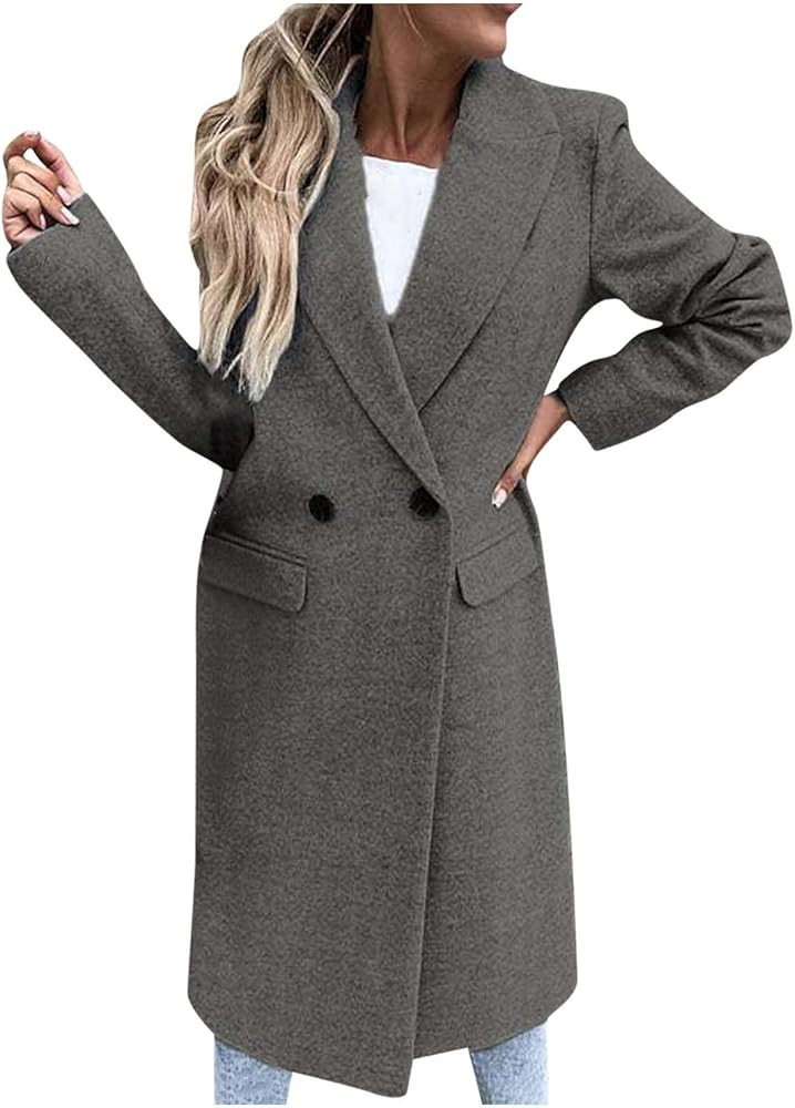 XUNRYAN Womens Trench Coats Long Solid Wool-Blend Jackets Fashion Peacoats Lapel Blazer Slim Peti... | Amazon (US)