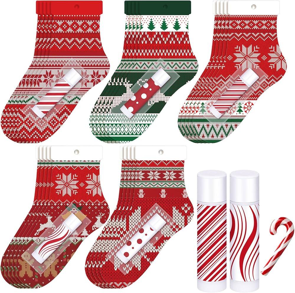 Leelosp 25 Pack Christmas Lip Balm Bulk Christmas Santa Sock Candy Peppermint Cane Scented Lip Ba... | Amazon (US)