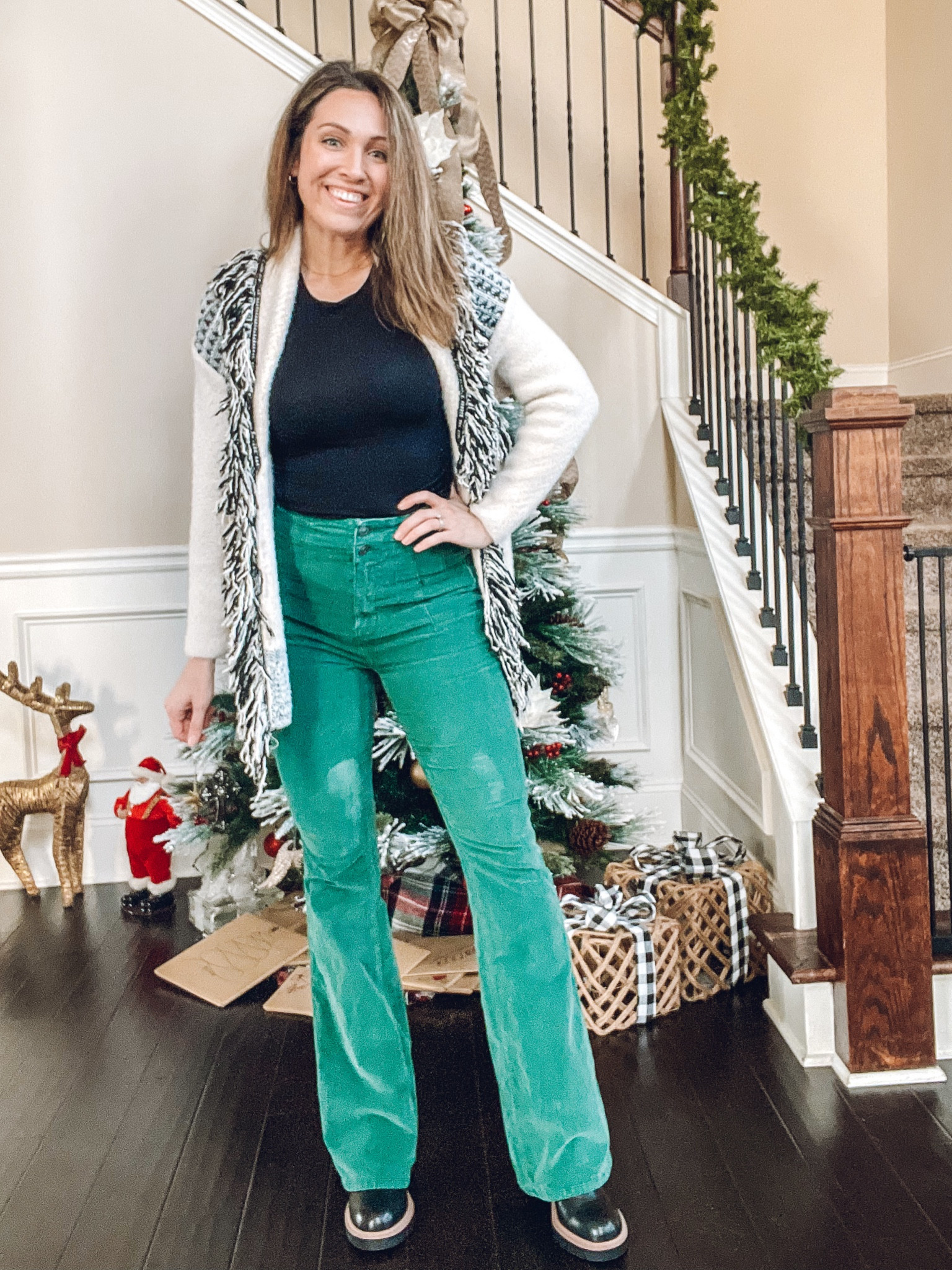 Festive Holiday Outfit Idea 🎄

Okay, these pants are legging level comfort! So good! The flare fit is super flattering and the booty looks good too! They come in multiple colors - I’m eyeing the brown pair! Fit true to size but if between sizes size down because they have good stretch to them. 

Black long sleeve is a closet staple- I sized up to a medium. It has a snug fit and great as a layering piece. 

Fringe cardigan is an XS but I would prefer my true size small for a more loose oversized fit for layering. Nuuly didn’t have any more smalls but Anthropologie has it fully in stock in all sizes 🙌🏼

#LTKfindsunder100 #LTKSeasonal #LTKHoliday